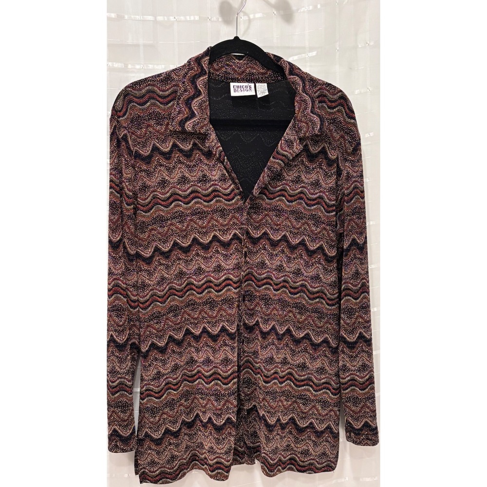 Chicos Design Metallic Chevron Zigzag Button Down Shirt Long Sleeve‎ Size 2 L